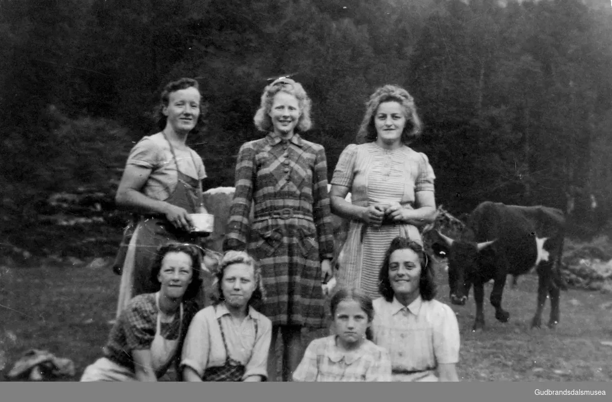 Budeier på Sota.  
Bak f.v.: Ingeborg Fosstuen (f. Grimstad 1915), Ruth Sperstad (f. 1928 g. Kaarby), Mari Flatåsen. 
Fremst f.v.: Borghild Løkken (f. 1922 g. Randen), Livø Grimstad (f. 1928 g. Skamsar), Gerd Grimstad (f. 1936 g. Haugen), Liv Sperstad (f. 1922 g. Forberg)