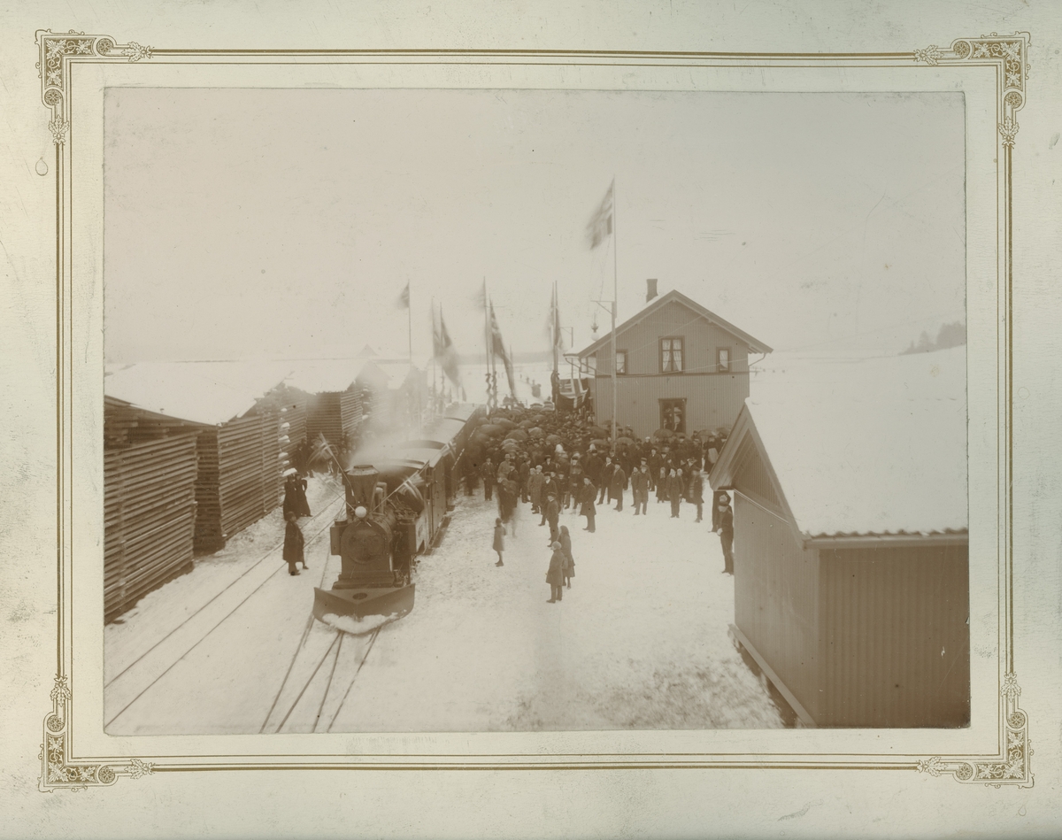 Urskogbanens åpningstog ankommer Bjørkelangen stasjon 14.11.1896.