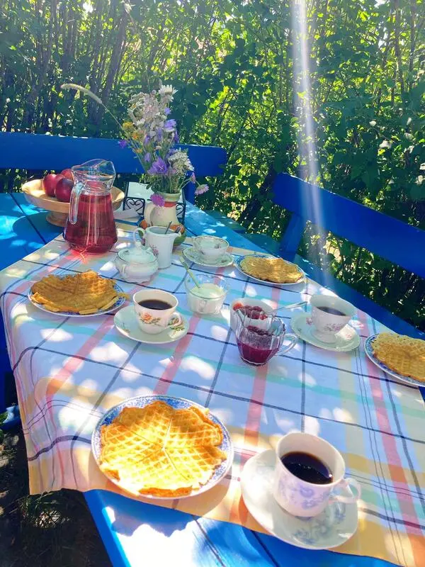 Blått utemøblement med duk. Kaffe og vaffelservering. Blomster i en vase på bordet.