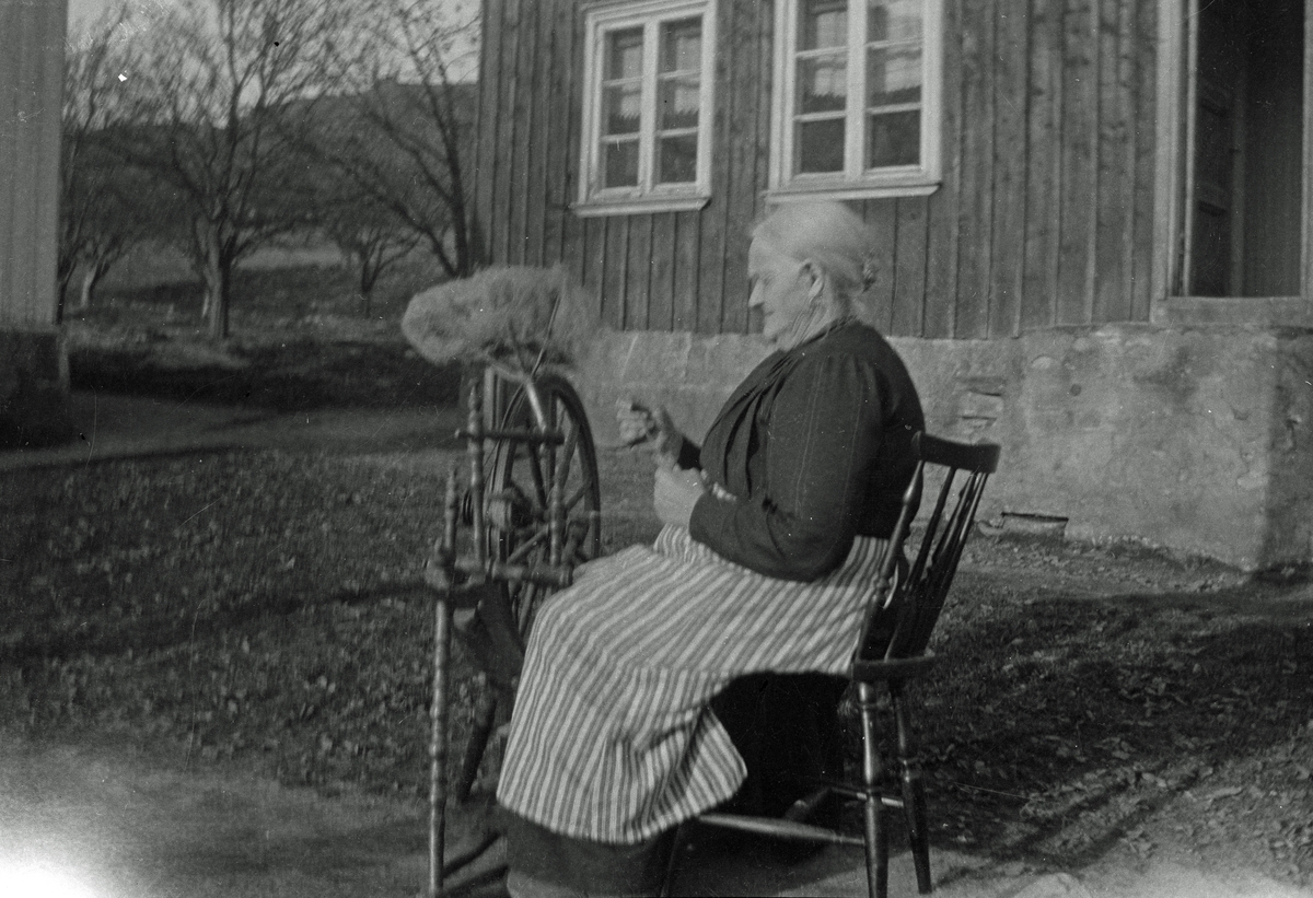 "Anna-Lena spinner linblånor". Äldre kvinna sitter på gården och spinner lingarn.