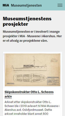 Skjermdump av nettside for Museumstjenestens prosjekter.