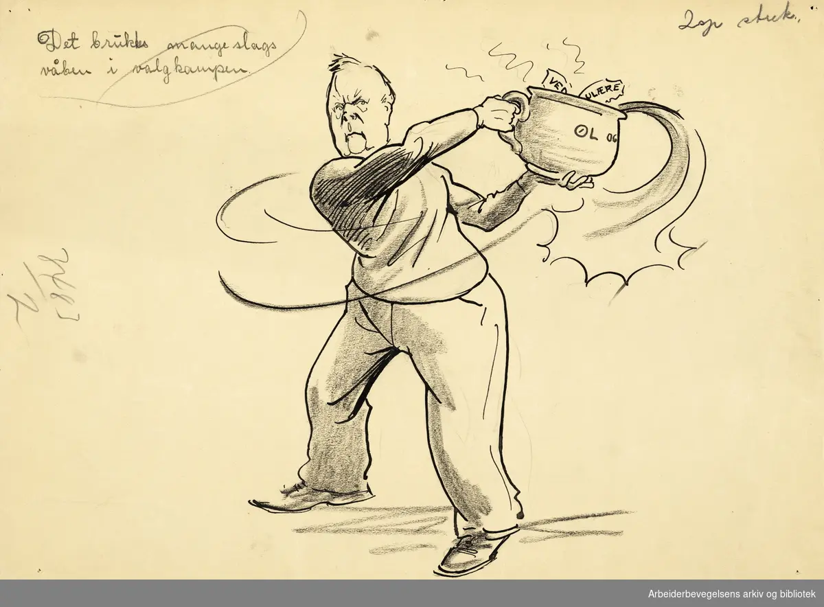 Tegning av Jan Lunde. Johan Ludwig Mowinckel veiver rundt seg med en bolle. "Det brukes mange slags våben i valgkampen." Øl og ved og ulære. Udatert.