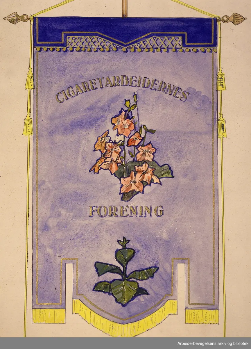 Skisse til fane for Cigaretarbeidernes Forening i Kristiania (Oslo). Forside. Udatert. Laget av fanemaler O. Ekornes, Oslo. Udatert......