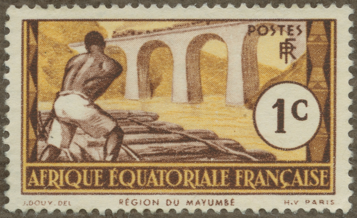 Frimärke ur Gösta Bodmans filatelistiska motivsamling, påbörjad 1950.
Frimärke från Franska Ekvatorial Afrika, 1937. Motiv av Stor järnvägsbro i Mayumbé- trakten, Afrika.
