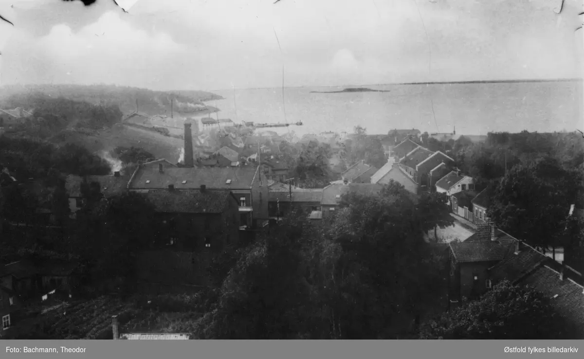 Oversiktsbilde fra Moss tatt fra kirkespiret ca. 1910 - mot sør Værlegata. Fabrikken i midten er Moss Meieri. Øya i midten er Revlingen.