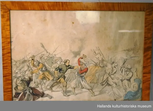 Akvarellerad blyertsteckning. Motiv: Karl XII och kalabaliken i Bender. Baksidestext: Teckningens mått: 27x39 centimeter.