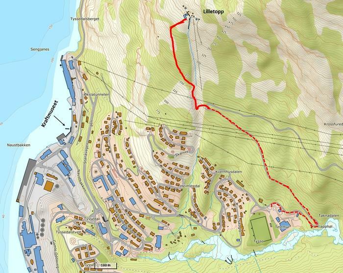 Eit kart over Tyssedal, kor ein rød stipla linje visar turstien til Lilletopp. Illustrasjon.