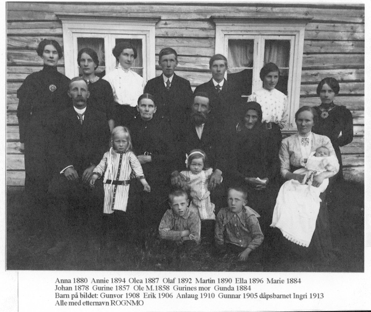 Familien Rognmo samlet til dåpen til Ingri Rognmo i 1913.