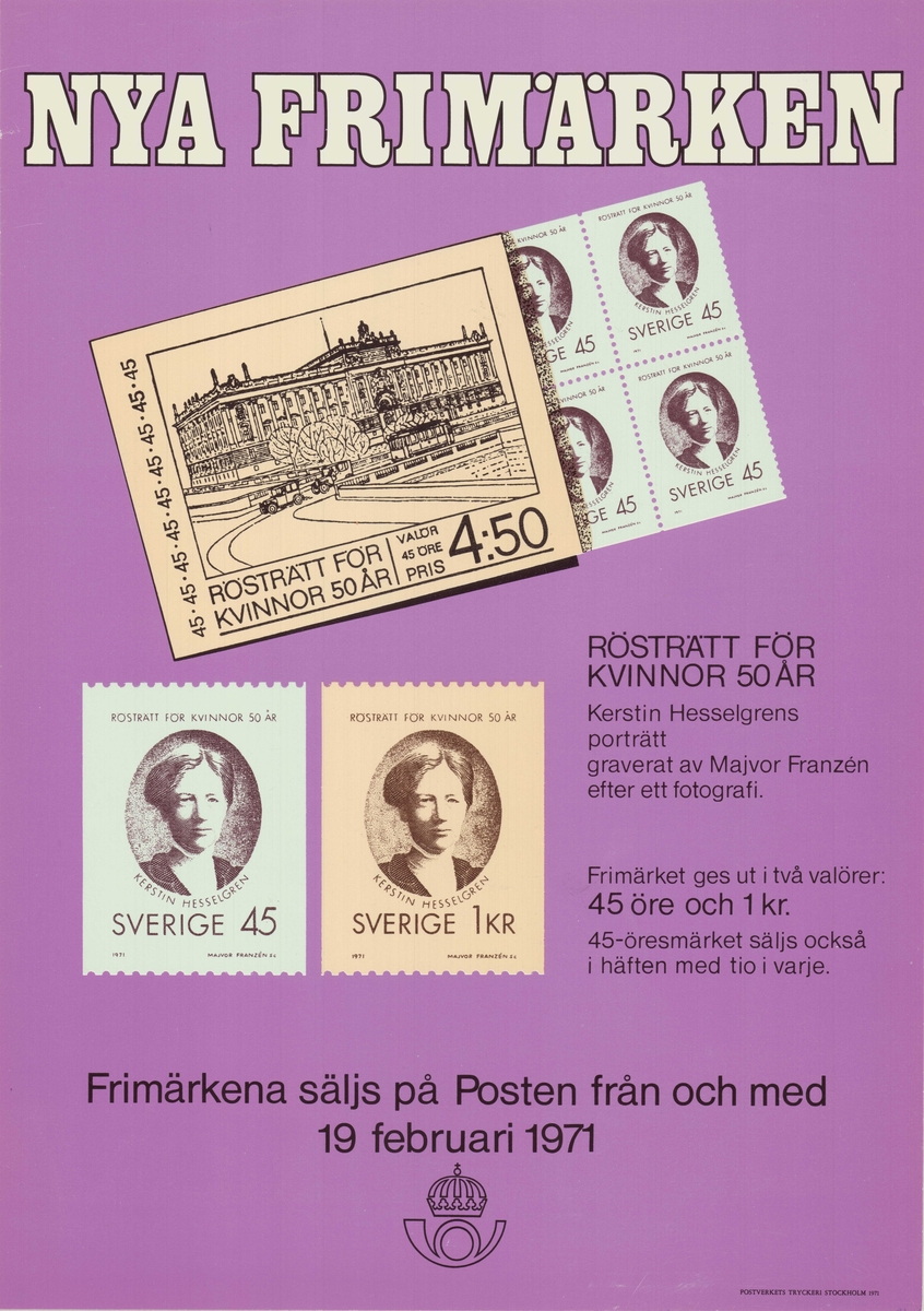 Affisch med frimärksark samt ytterligare två frimärken. Porträtt av Kerstin Hesselgren utgör frimärkenas motiv. Kvinnlig rösträtt 50 år. Postsymbol.