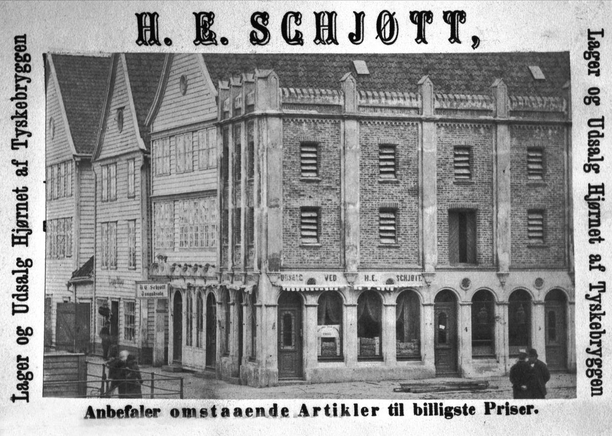 Reklame for bedriften H.E. Schjøtt i Bergen.