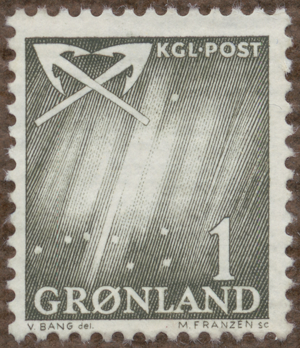 Frimärke ur Gösta Bodmans filatelistiska motivsamling, påbörjad 1950.
Frimärke från Grönland, 1963. Motiv av Valfångst-harpuner -norrsken, karlavagnen-