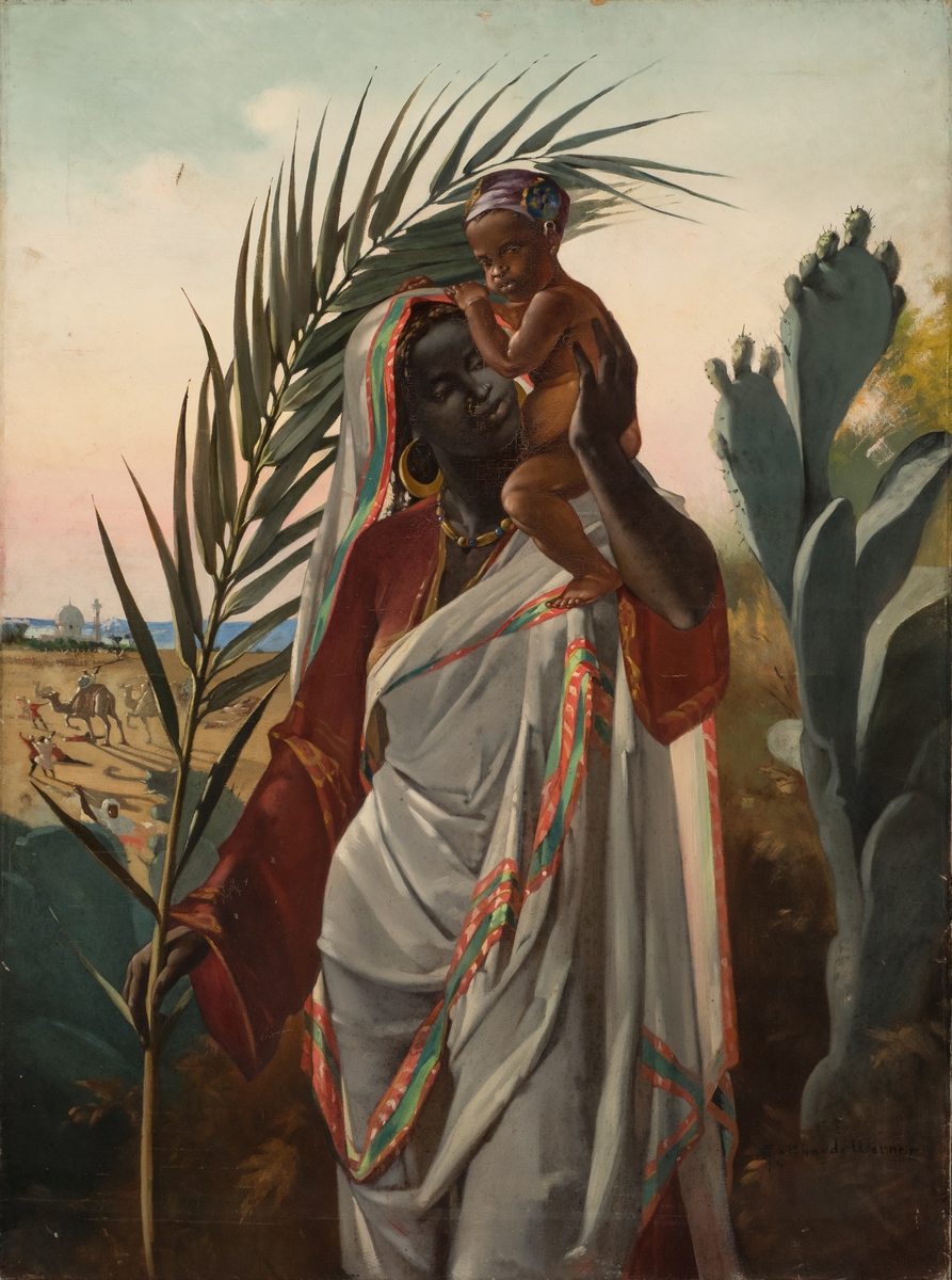 En färgad kvinna håller ett litet barn som sitter på hennes axel med sin vänstra hand. I sin högra hand håller hon en palmkvist som ramar in figurgruppen. På andra sidan fortsätter en stor kaktus den formella inramningen. Kvinnan är klädd i kläder som verkar vara traditionella för det område som avbildas, men som också kan vara ett påhitt av konstnären. I bakgrunden visas människor och en kamel samt en vit byggnad.