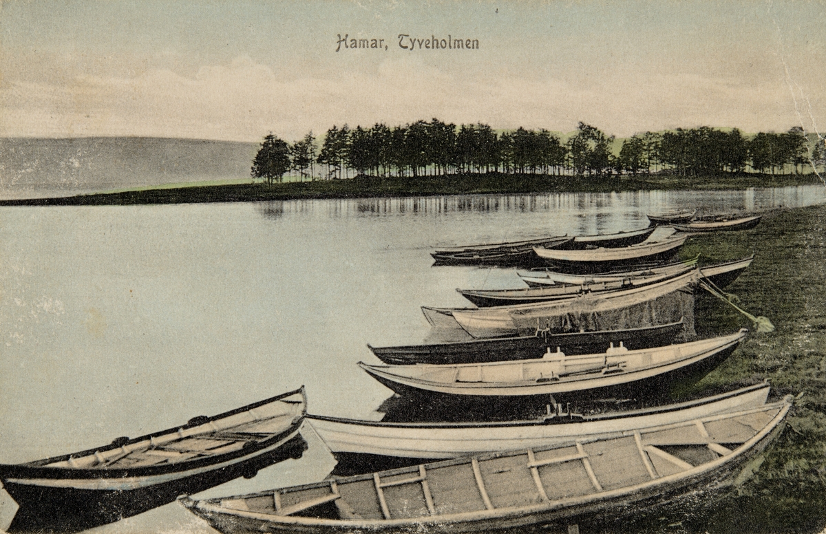 Postkort, Hamar, Tjuvholmen, Veslemjøsa, Vesle-Mjøsa, robåter, mjøsbåter,