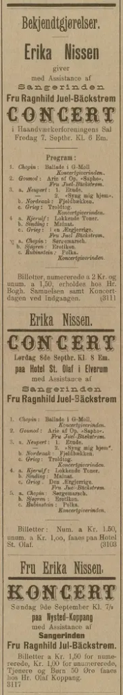 konEt utklipp av Oplandenes Avis som forteller om Erika Nissens konsertturne sammen med Ragnhild Juel-Bäckstrøm.