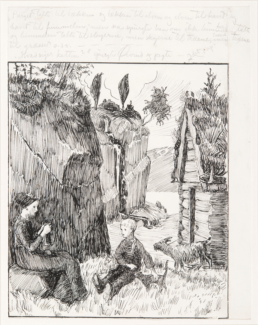 En kvinne i folkedrakt sitter på en sten og strikker, mens en guttunge sitter i gresset ved siden av og klapper en katt. En geitebukk er bundet til et tømmerhus. Landskapet rundt består av et vann og store fjell.