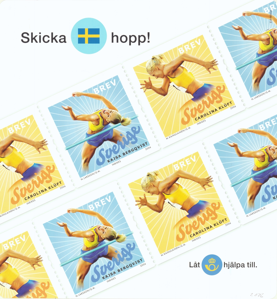 Postens frimärken med Carolina Klüft och Kajsa Bergqvist. 

Postens ikonspråk.