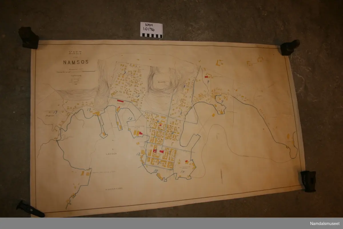 Byplankart over Namsos fra 1922. Husene og bydelene er nummerert, men uten noen form for referanse