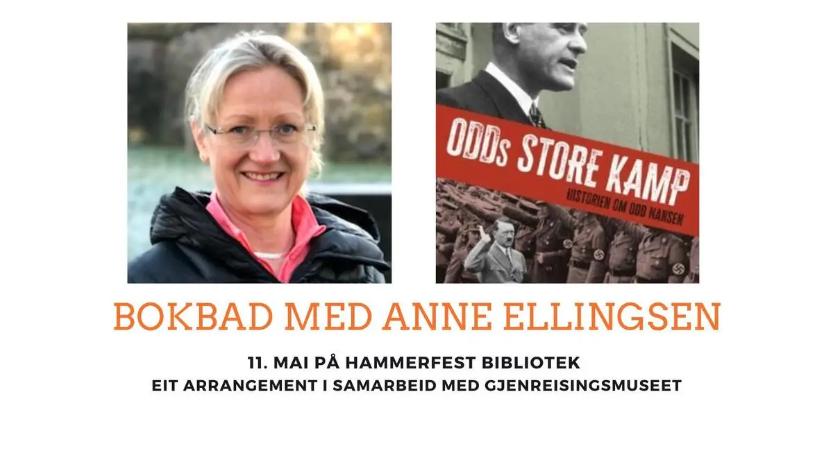 Bilde av forfatter Anne Ellingsen og forsiden av boka "Odds store kamp".