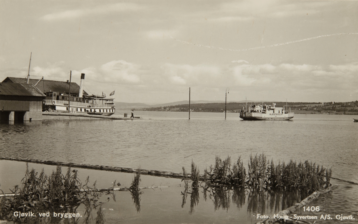 Postkort, Gjøvik brygge, mjøsbåt, M/F Mjøsfærgen, mjøsflommen 1927,