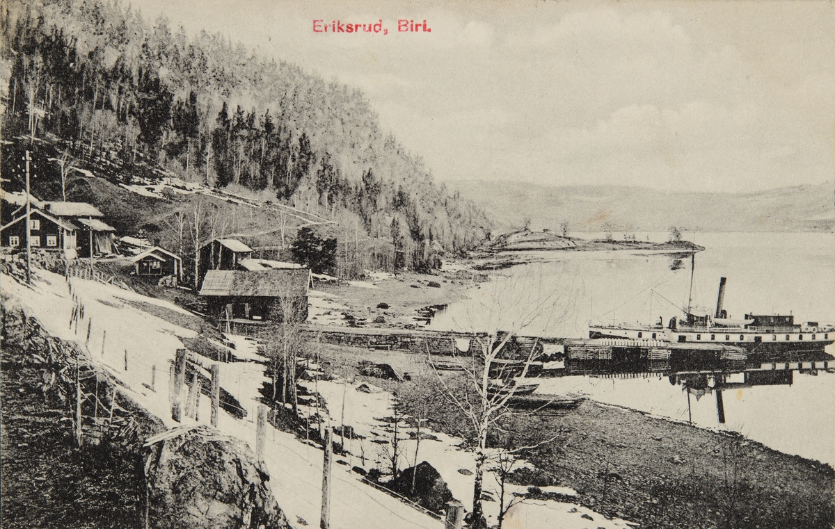 Postkort, Biri, Eriksrud brygge, mjøsbåt, D/S Tordenskjold, Kremmerodden bak til høyre,