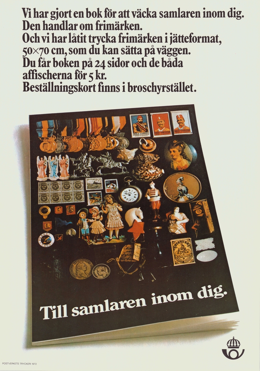 Affisch med text och bild på ett frimärkskatalog. Postsymbol.