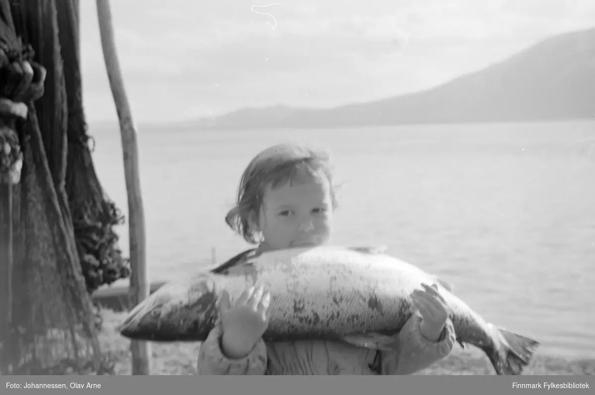 Foto av ukjent barn med fisk på ukjent sted, kanskje i Tana (Finnmark)

Foto trolig tatt på  1970-tallet