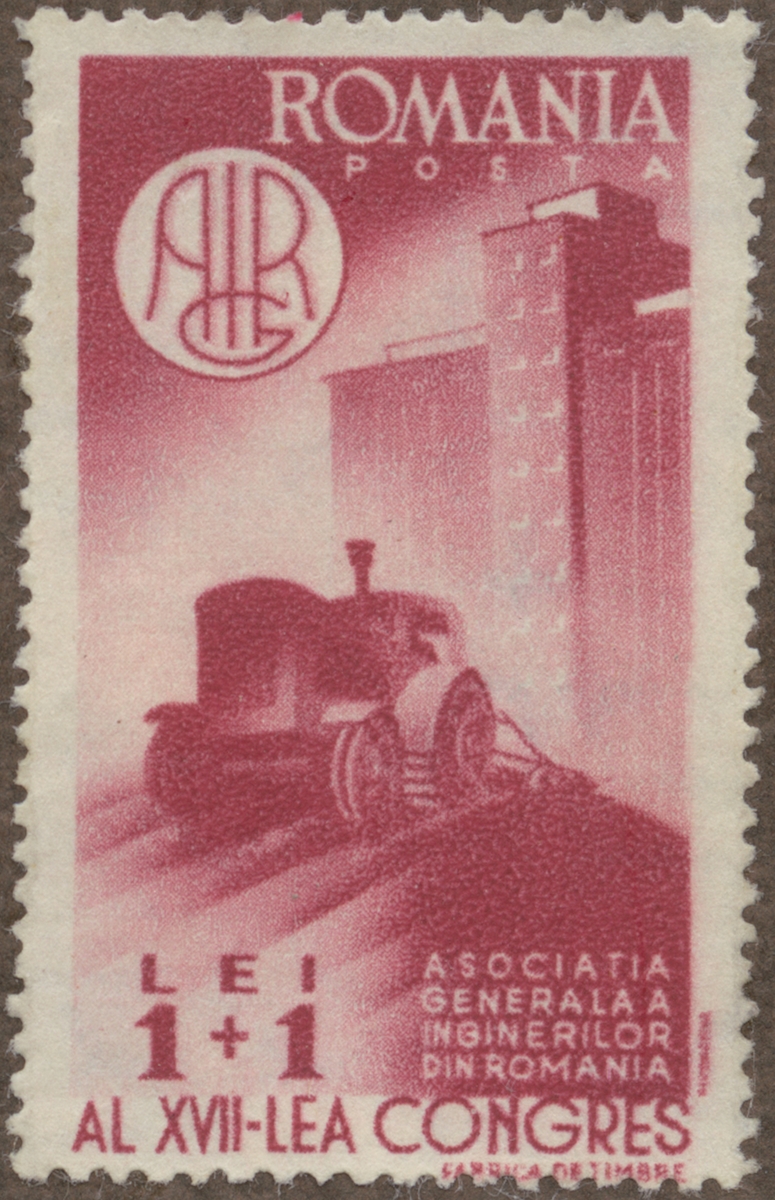 Frimärke ur Gösta Bodmans filatelistiska motivsamling, påbörjad 1950.
Frimärke från Rumänien, 1947. Motiv av Rumänsk traktor 17-de ingenjörskongressen