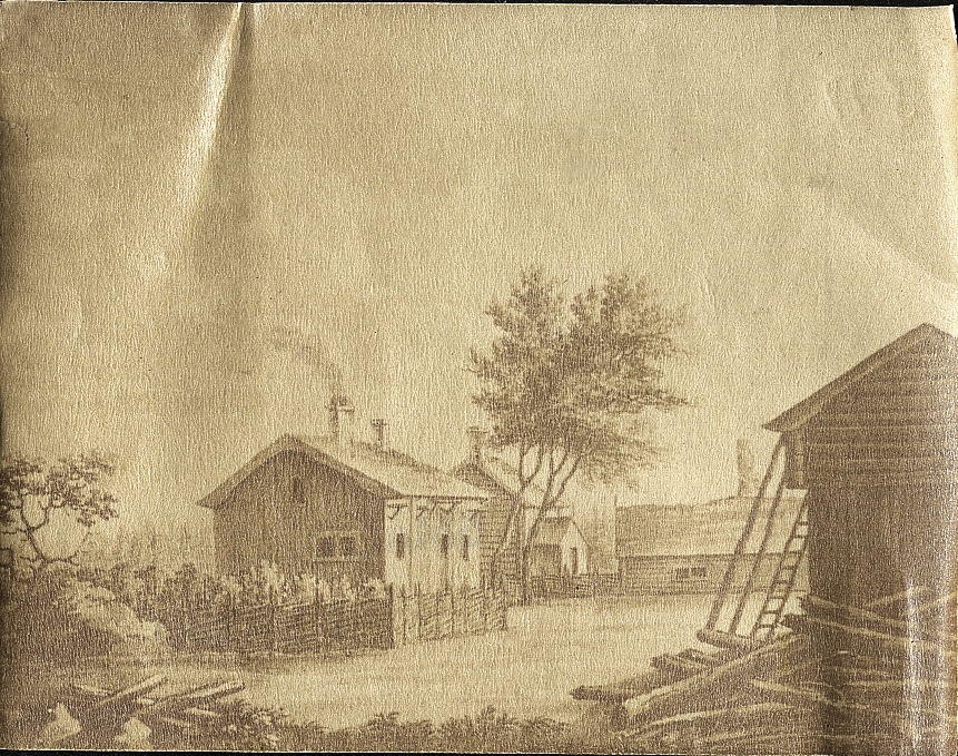 Foto efter teckning av Linnés födelsehem Råshult, Stenbrohult.