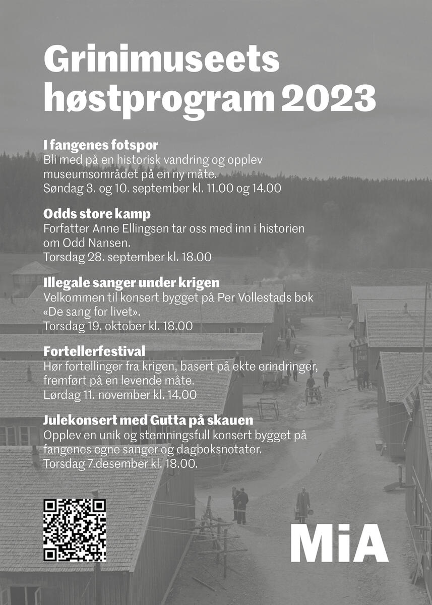 Plakat over Grinimuseets høstprogram 2023. Bakgrunnsbilde er et svart/hvitt bilde av fangeleiren og brakkene.