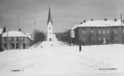 Postkort, Hamar, Stortorget, Jønsrudgården, Hamar domkirke, 