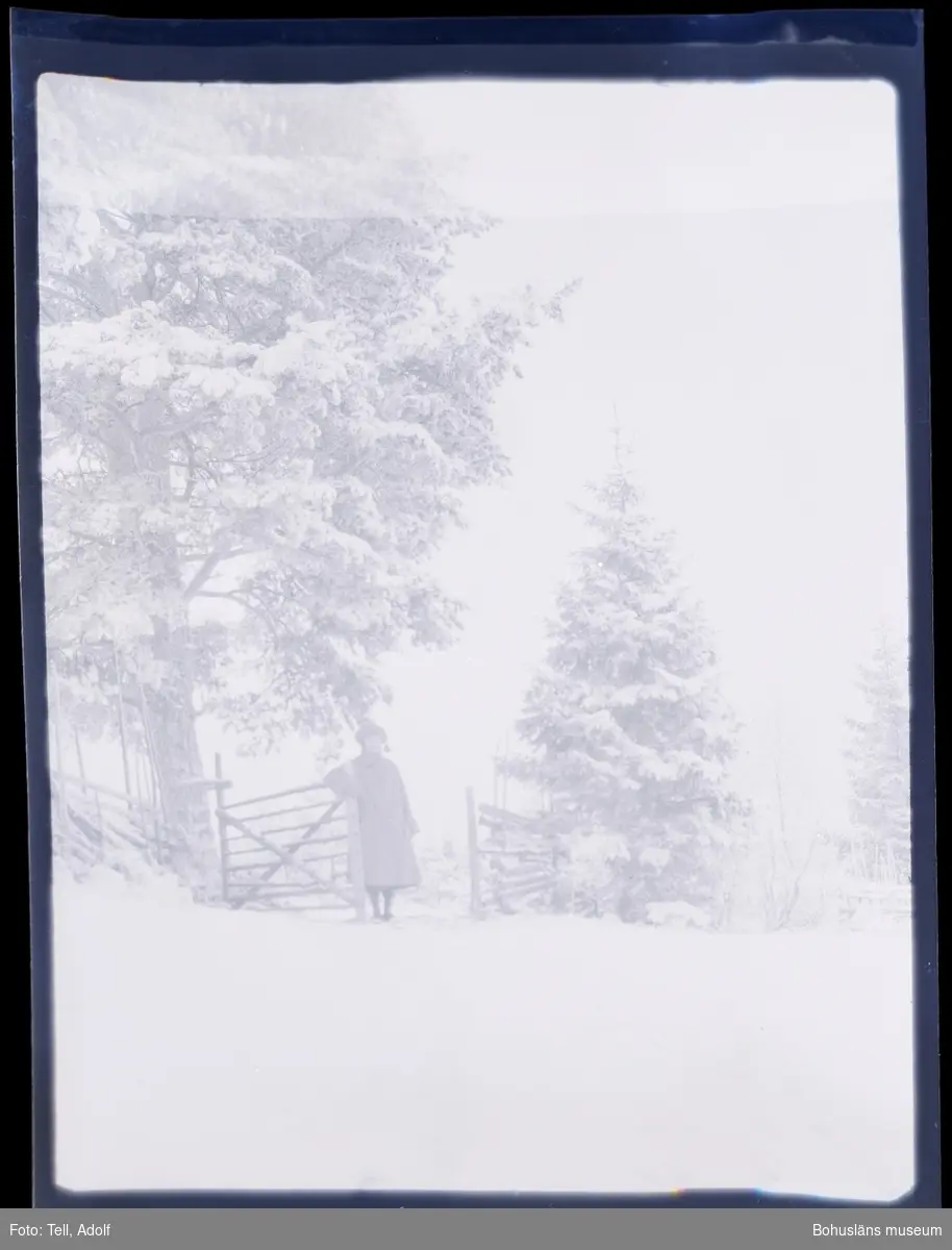 Person ståendes vid en grind på en snötäckt gård.
