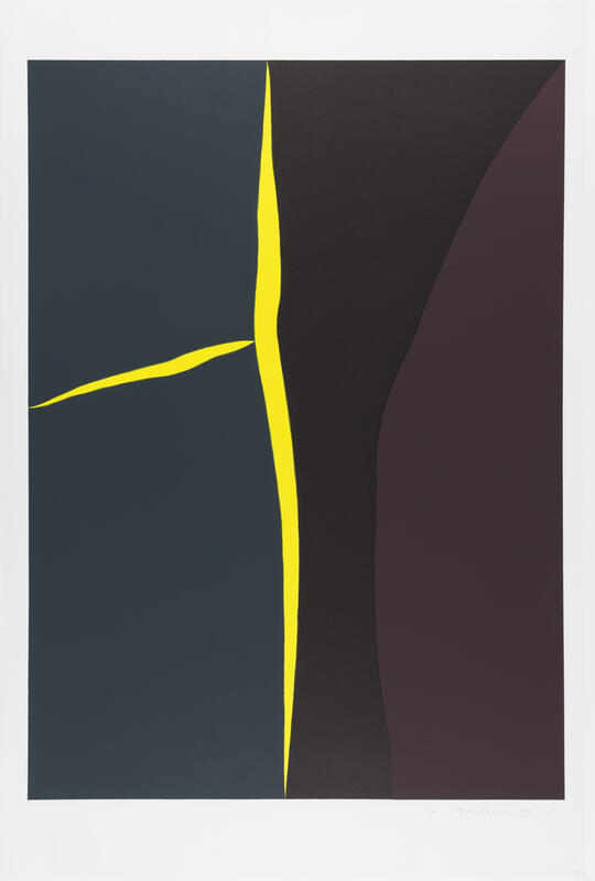 Abstrakt grafikk av Bjørn Ransve. Det kan se ut som en gul rift på en mørk bakgrunn.
