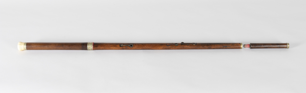 Fløyte i tre med elleve tonehull, hvorav fem med klaffer. Fløyten er lang, omtrent 85 centimeter, slik at den også kan brukes som spaserstokk.