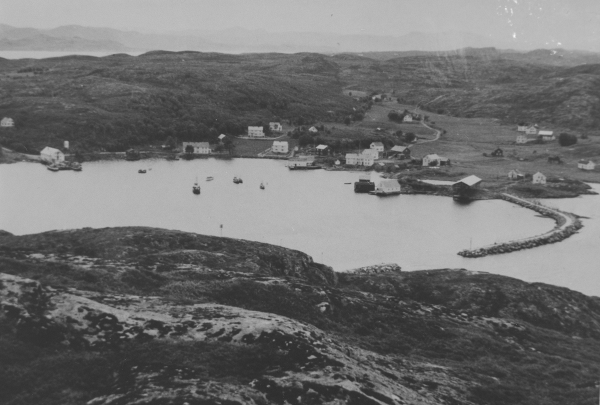 Prospektbilde av Børøsundgrenda, Hestvika, Hitra, bilde tatt mot vest. Molo til høyre i bildet, båter ligger ankret opp.