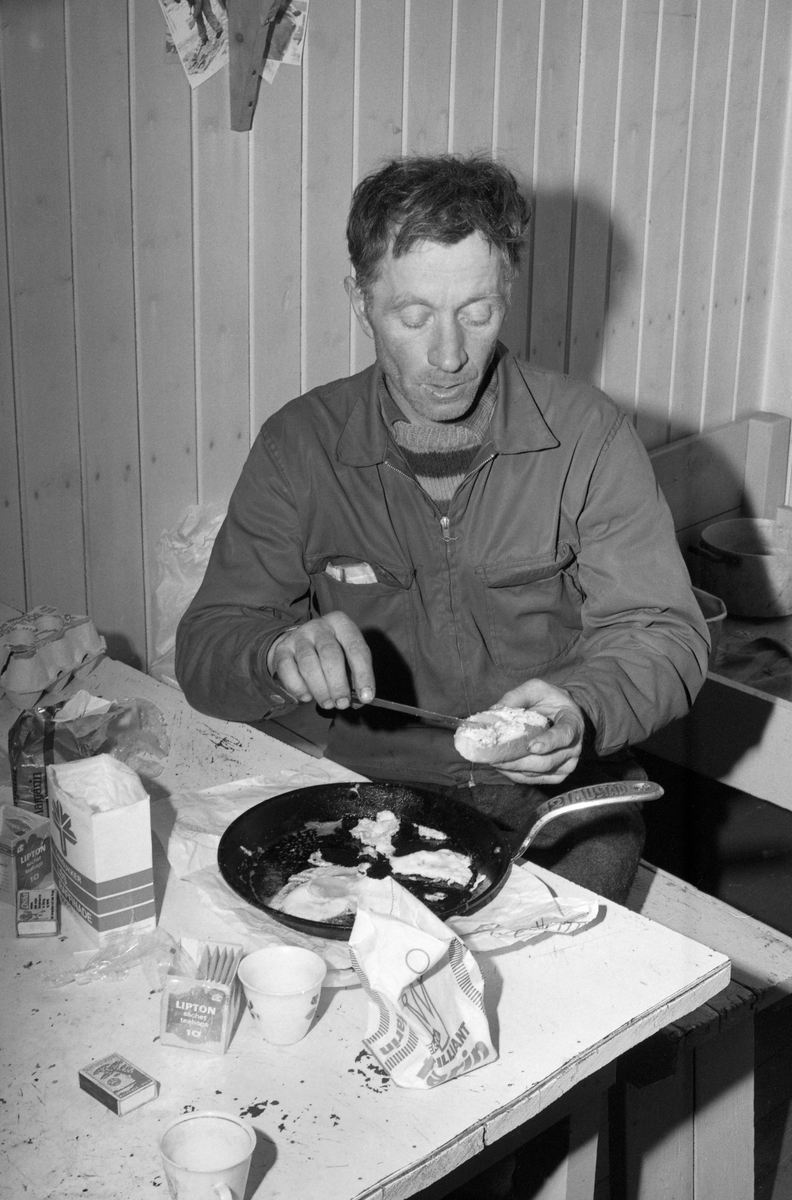 Måltid i Østlikoia i Løiten almenning (Løten allmenning) i februar 1977. Fotografiet er tatt inne i koierommet. Der satt Asmund Pedersen på en taburett under måltidet.
