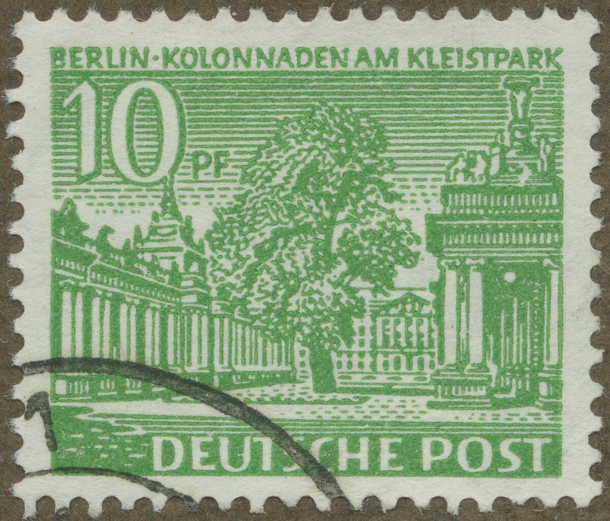 Frimärke ur Gösta Bodmans filatelistiska motivsamling, påbörjad 1950.
Frimärke från Väst Tyskland, 1949. Motiv av Kolonnaderna vid Kleist Park