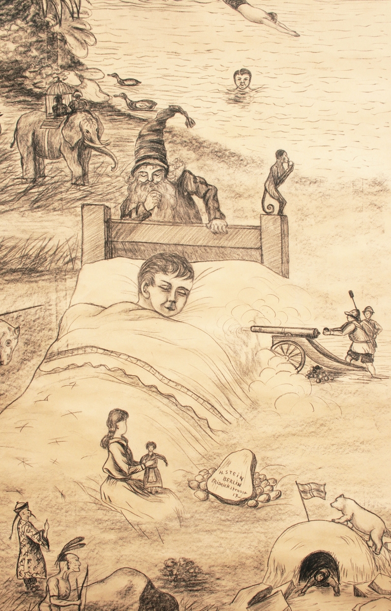 Kolteckning på duk. Motiv i form av "Pojke som ligger i sängen och drömmer. Runt honom fantasi- och exotiska bilder av elefanter, kineser, indianer, eskimåer, fartyg, borg m.m". På en sten skrivet: "H. STEIN BERLIN FRIDRICH strasse 17-". Signerad längs ned till höger: "AE".

Monterad på brunmålade rundstavar av trä upptill och nedtill. Brunt bomullsband för upphängning. Rullad.