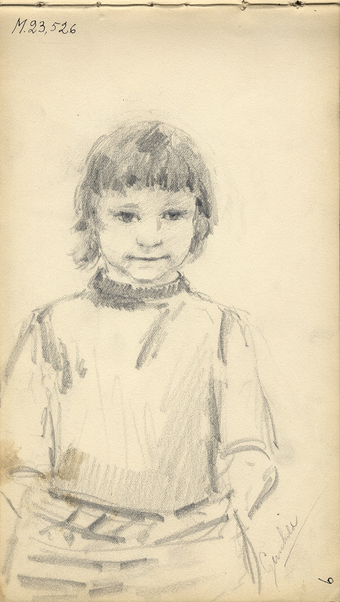 Skiss, blyerts. Föreställer en liten flicka i klänning.
Midjebild, en face.

Inskrivet i huvudbok 1975.