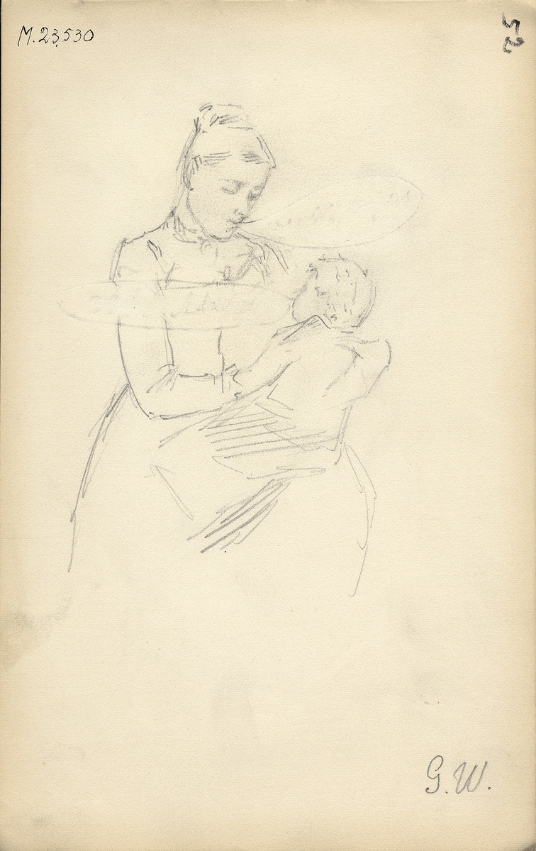Skiss, blyerts. En kvinna med ett barn på knäet. 
Helfigur, halvprofil. 
Skissen dessutom försedd med pratbubblor (med svårtydd text).

Inskrivet i huvudbok 1975.