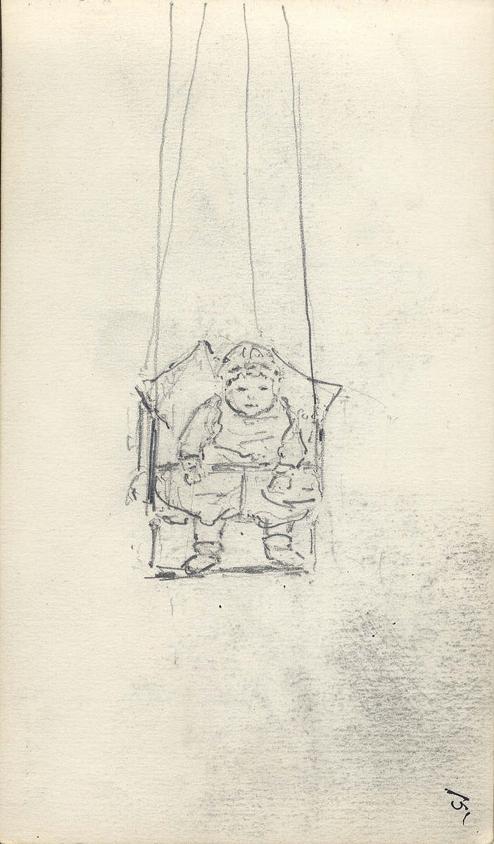 Skiss, blyerts. Ett litet barn i hätta och kolt sitter i en gunga.
Helfigur, en face.

Inskrivet i huvudbok 1975.