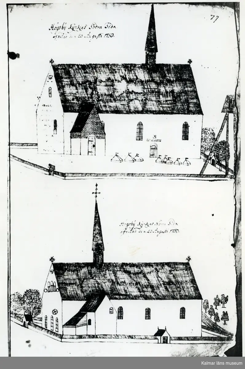 Teckning av Högsby kyrka den 20:e augusti 1750.