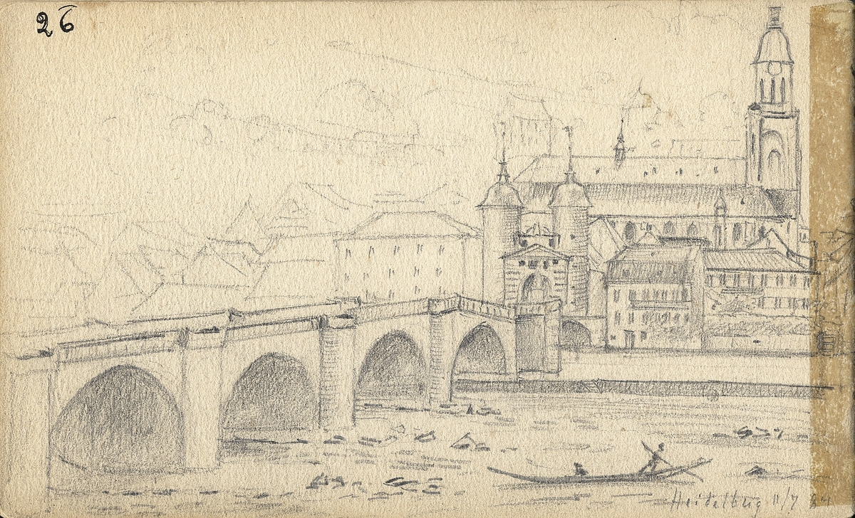 Skiss, blyerts. Vy över Heidelberg med floden Neckar, Heiliggeistkirche m.m. 

Inskrivet i huvudbok 1975.