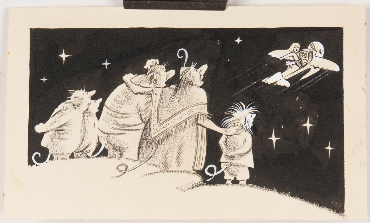 Bilden visar fem troll som står på en kulle och tittar upp mot natthimlen, där Björn sitter i ett flygplan tillsammans med sin radio och nalle. I natthimlen lyser ett antal stjärnor.