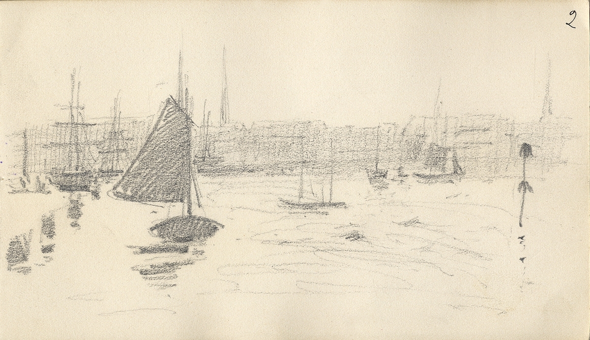 Skiss, blyerts. Hamnen i Köpenhamn med segelbåtar, segelfartyg m.m.

Inskrivet i huvudbok 1975.