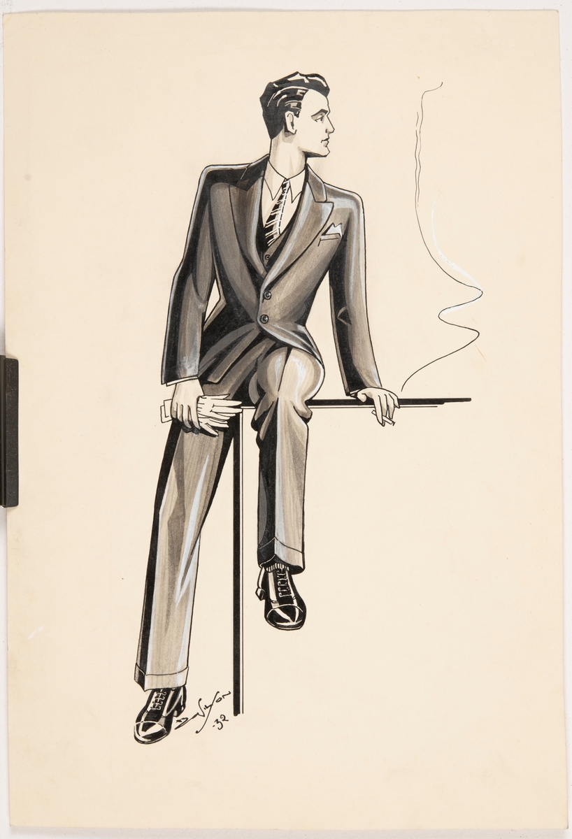 Illustration till reklamanonns för Tiger of Sweden.
Bilden visar en man iklädd kostym som röker. Mannens kropp är avbildad framifrån och huvudet i profil. Han sitter med ena benet på ett bordliknande objekt och det andra benet är rakt så foten nuddar golvet.