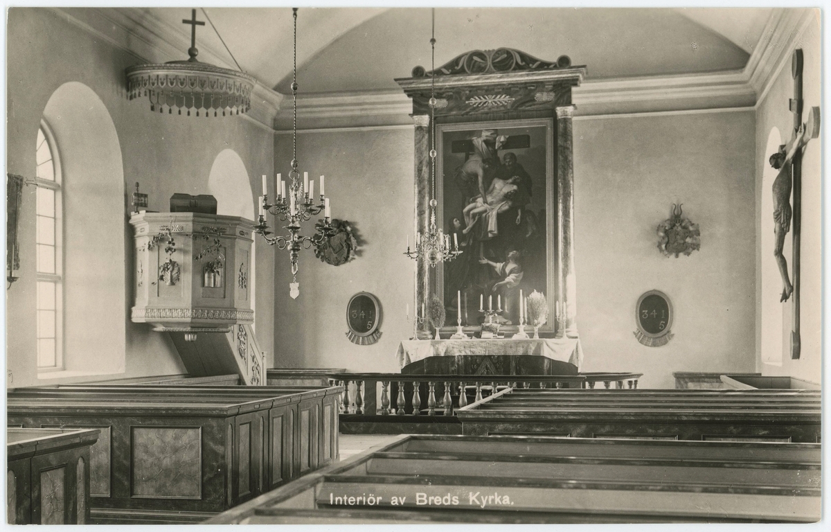 Vykort med motiv från interiören av Breds kyrka, Enköping.