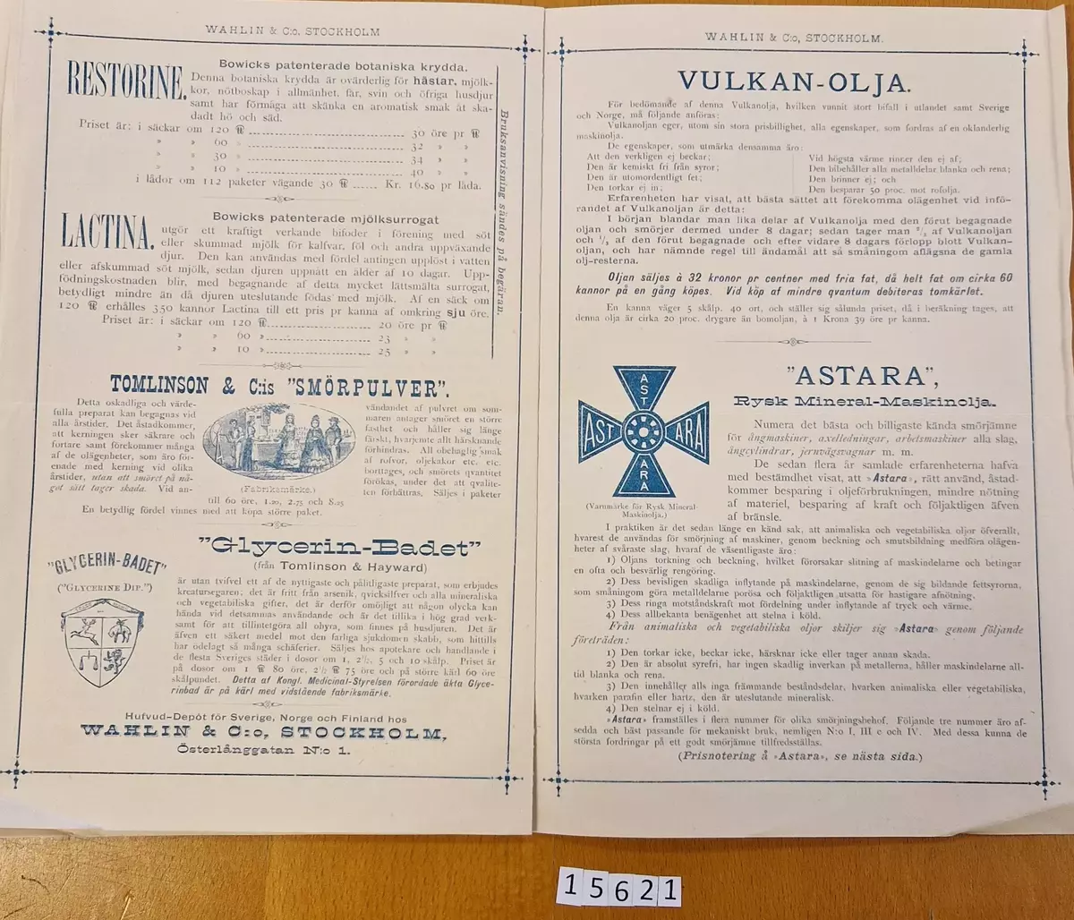 1886 års Vår- Priskurant från Wahlin & Co, Stockholm. Kontor: Österlånggatan N:o 1 och Norra Blasieholmshamnen N:o 7. Tryckt hos Central- Tryckeriet, Stockholm.