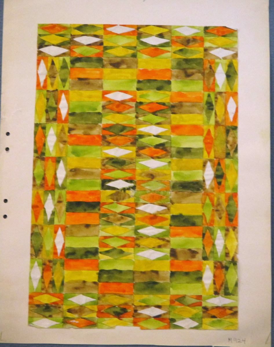 Färgskiss och garnprov till ryamatta  i gulgröna, grå och orange nyanser. Storlek149x220 cm