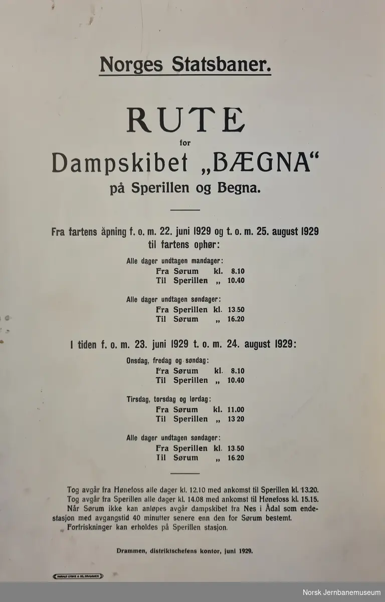 Oppslag : "D/S Bægna rute 1929" - billettpriser