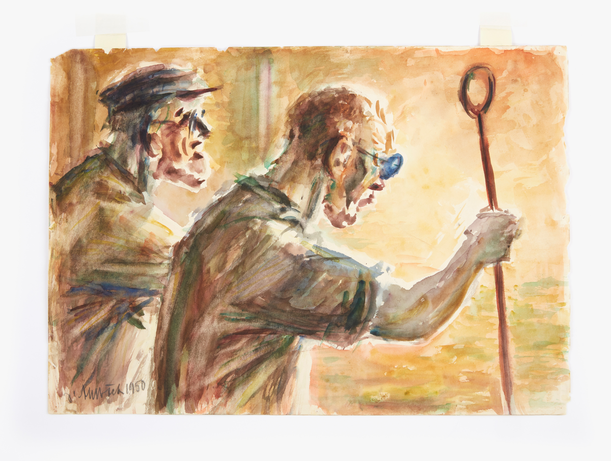 Två arbetare framför starkt (eld)sken. Bägge bär skyddsglasögon. Den ena håller i ett redskap.